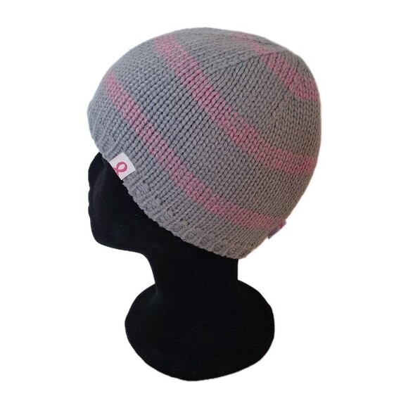 👠 5 for $25 PINK RIBBON FLEECE LINED GREY PINK STRIPED BEANIE - Picture 2 of 7